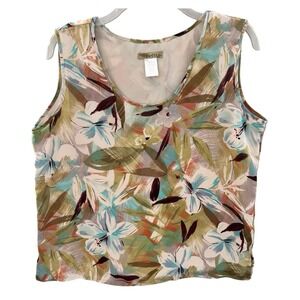 Islander Tank Top Womens L Tropical Watercolor Floral Earthy Tones Sheer Lined